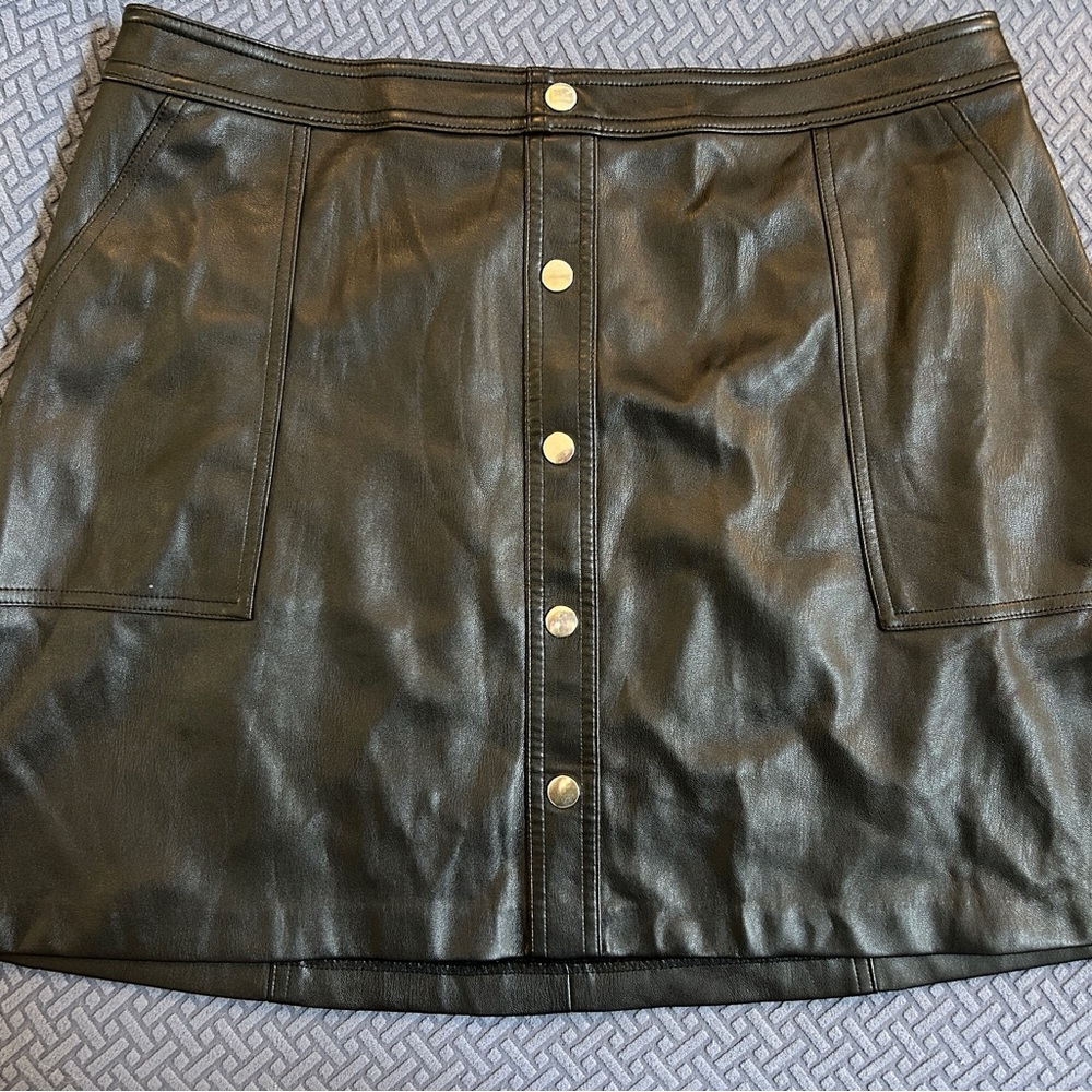 Bar III Black Leather Mini Skirt with Button Detail